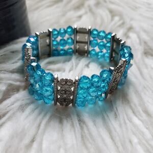 Blue Bead & Metal Accent Stretch Beaded Bracelet
